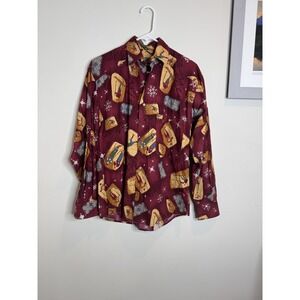 Vintage Johnny Cotton Shirt Mens Large Skiing Print Winter‎ Button Up 90s